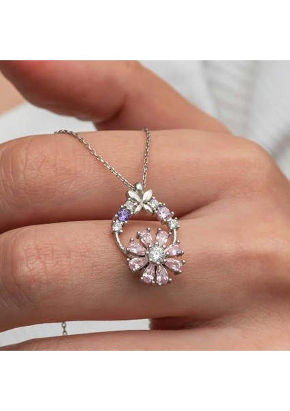 Gümüş Pembe Dönen Çiçek Kadın Kolye