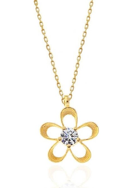 ​925 Ayar Gümüş Gold Zirkon Taşlı Çiçek Kadın Kolye