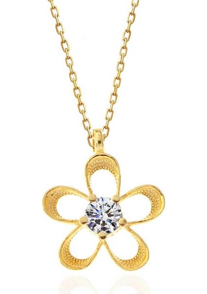 ​925 Ayar Gümüş Gold Zirkon Taşlı Çiçek Kadın Kolye modelleri