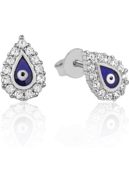 Gümüş Beyaz Taşlı Nazar Damla Çivili Küpe