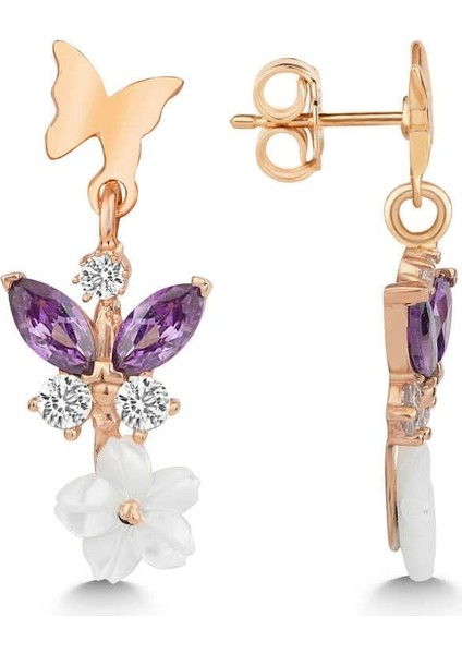 Gümüş Rose Mor Taşlı Sedef Çiçek Çivili Kadın Küpe