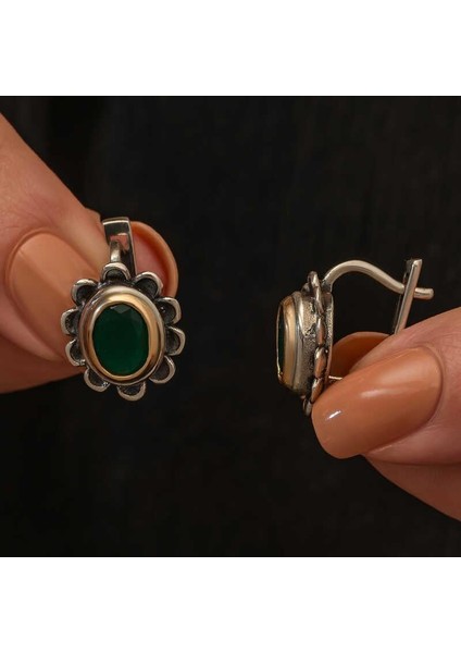 Gümüş Yeşil Çiçek Desenli Otantik Kadın Küpe