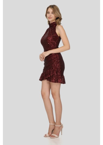 Bordo Boğazlı Kolsuz Mini Fırfırlı Elbise modelleri