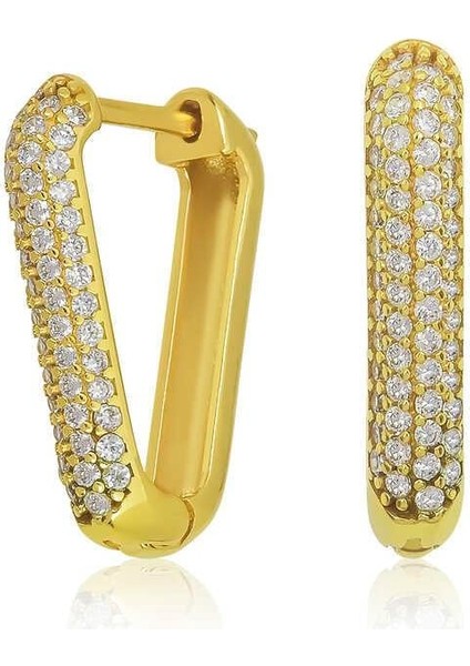 Gümüş Gold Beyaz Taşlı Üçgen Küpe