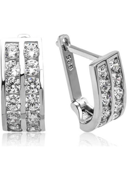 Gümüş Çift Sıra Beyaz Taşlı J Kadın Küpe fiyatları