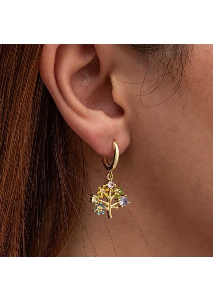 Gümüş Gold Renkli Taşlı Hayat Ağacı Kadın Küpe modelleri