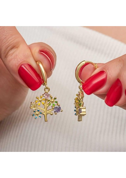 Gümüş Gold Renkli Taşlı Hayat Ağacı Kadın Küpe indirimleri