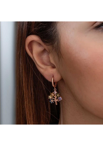 Gümüş Rose Renkli Taşlı Hayat Ağacı Kadın Küpe fiyatları