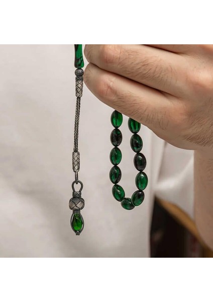 Gümüş 1000 Ayar Kazaz Püsküllü Sıkma Kehribar Tesbih fiyatları