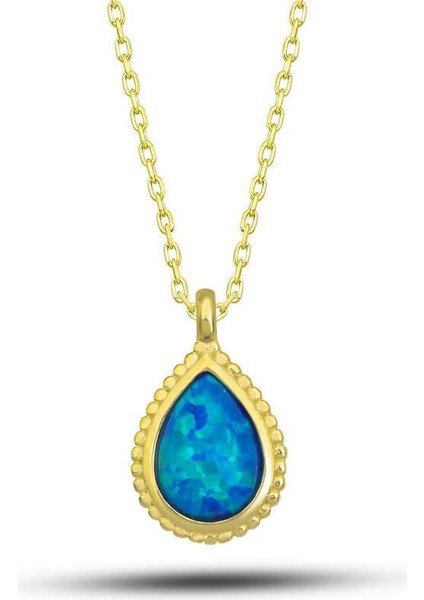 925 Ayar Gümüş Gold Damla Mavi Opal Taşlı Kadın Kolye