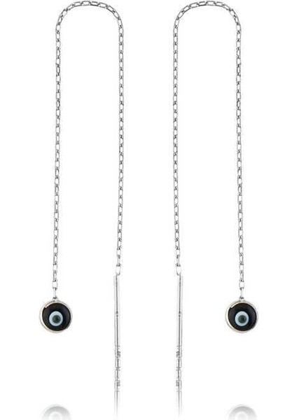 925 Ayar Gümüş Zincirli Lacivert Nazar Küpe