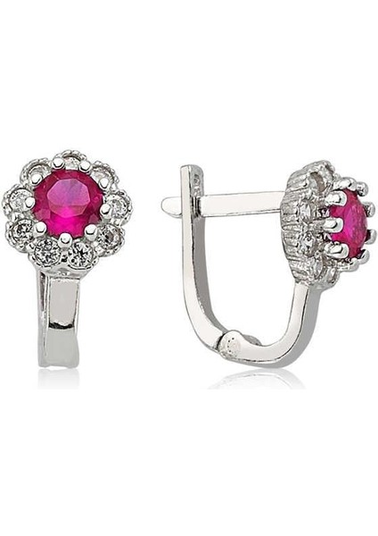 925 Ayar Gümüş Pembe Taşlı Çiçek Küpe modelleri