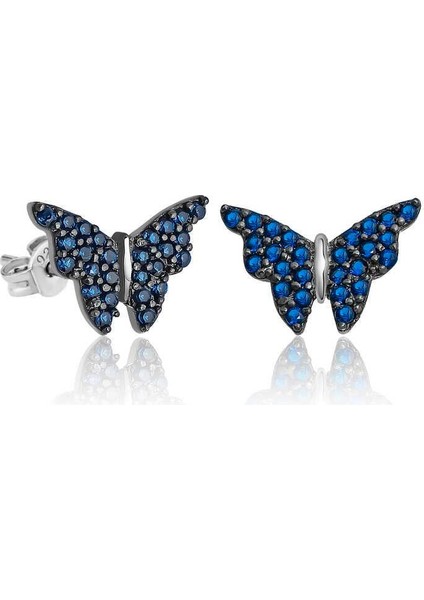 Gümüş Lacivert Kelebek Küpe