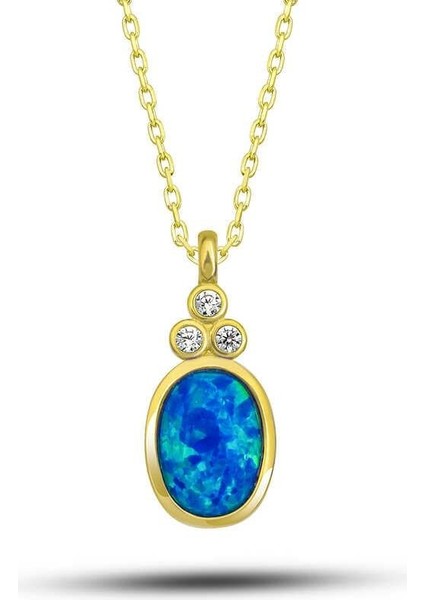 925 Ayar Gümüş Gold Mavi Opal Taşlı Ananas Kadın Kolye