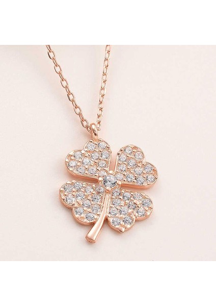 925 Ayar Gümüş Rose Dört Yapraklı Yonca Kadın Kolye