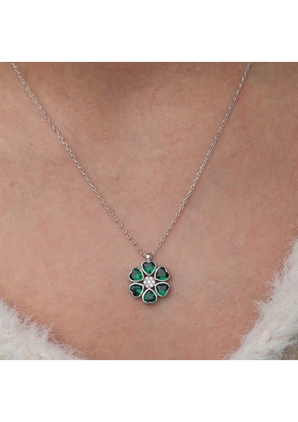 Gümüş Yeşil Kalpli Çiçek Kadın Kolye indirimleri