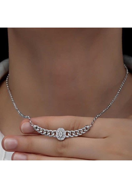 Gümüş Gurmet Zincirli Oval Baget Taşlı Kadın Kolye fiyatları