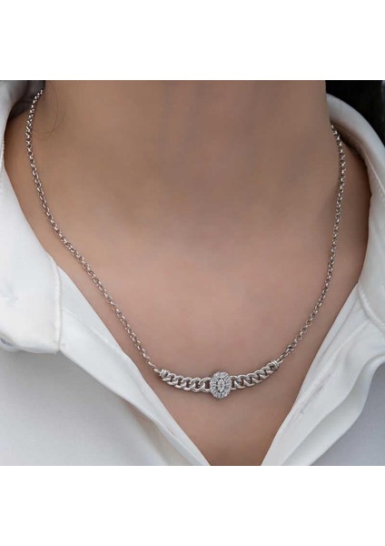 Gümüş Gurmet Zincirli Oval Baget Taşlı Kadın Kolye fırsatları