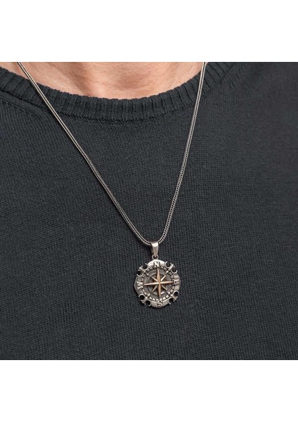 Gümüş Oksitli Pusula Erkek Kolye modelleri