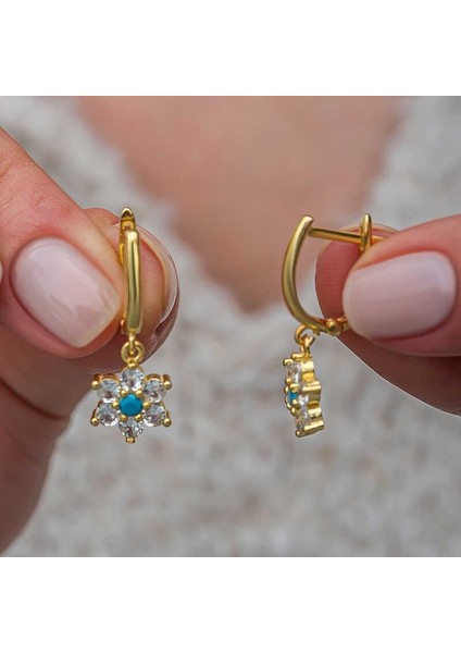 Gümüş Mavi Taşlı Gold Çiçek Kadın Küpe fiyatları
