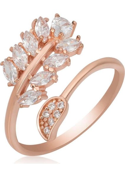 Gümüş Rose Ayarlanabilir Beyaz Taşlı Yaprak Kadın Yüzük fiyatları