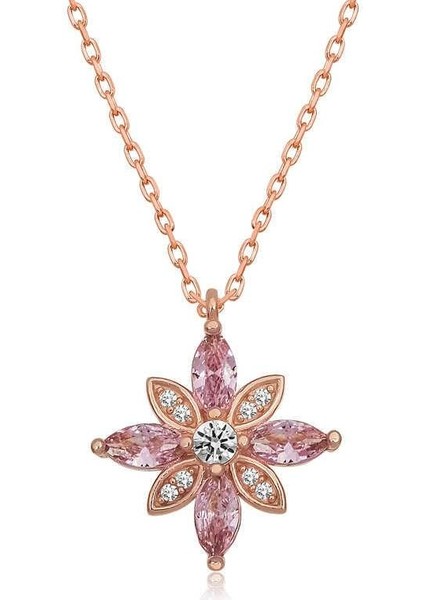 925 Ayar Gümüş Pembe Taşlı Umut Çiçeği Gümüş Kolye