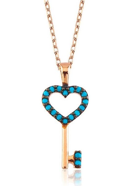 925 Ayar Gümüş Mavi Kalpli Anahtar Kadın Gümüş Kolye