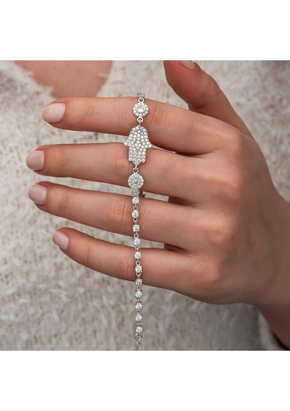 Gümüş Zirkon Taşlı Fatma Ana Eli Kadın Bileklik