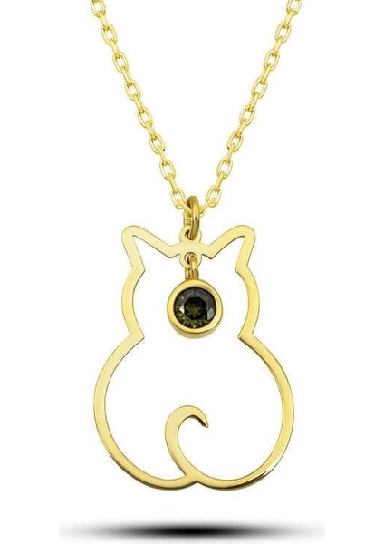 925 Ayar Gümüş Ağustos Ayı Doğum Taşı Kedi Kadın Kolye