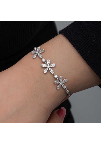 925 Ayar Gümüş Baget Çiçek Desenli Kadın Bileklik indirimleri