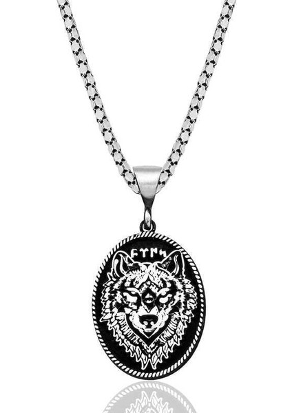 925 Ayar Gümüş Siyah Zeminli Kurt Motifli Göktürkçe Türk Yazılı Gümüş Kolye