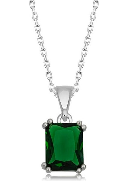 925 Ayar Gümüş Yeşil Kristal Kare Taşlı Kadın Gümüş Kolye