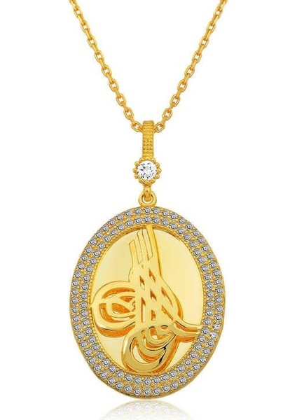 925 Ayar Gümüş Tuğralı Oval Bayan Gümüş Kolye