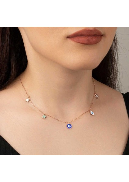 925 Ayar Gümüş Rose Nazarlı Şans Kadın Kolye fiyatları
