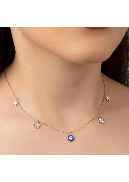 925 Ayar Gümüş Rose Nazarlı Şans Kadın Kolye modelleri