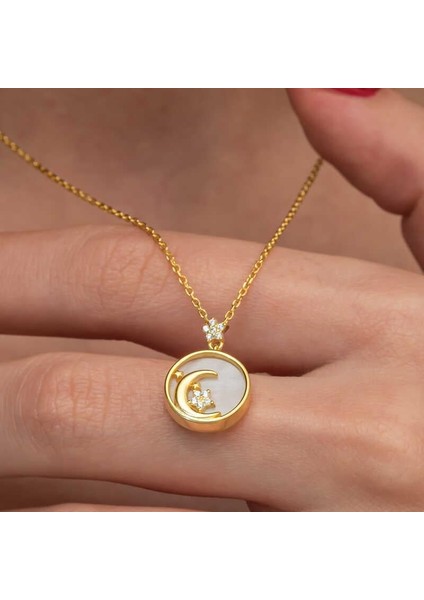 Gümüş Gold Sedef Taşlı Ay Yıldız Hilal Kadın Kolye modelleri