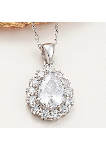 925 Ayar Gümüş Damla Zirkon Taşlı Kadın Kolye