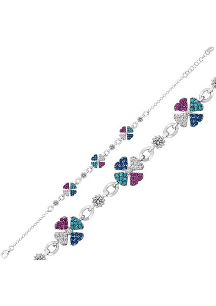 925 Ayar Gümüş Yonca Renkli Bileklik