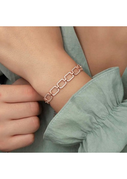 925 Ayar Gümüş Rose Kare Taşlı Bileklik modelleri