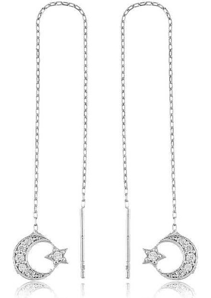 925 Ayar Gümüş Zincirli Ay Yıldız Küpe