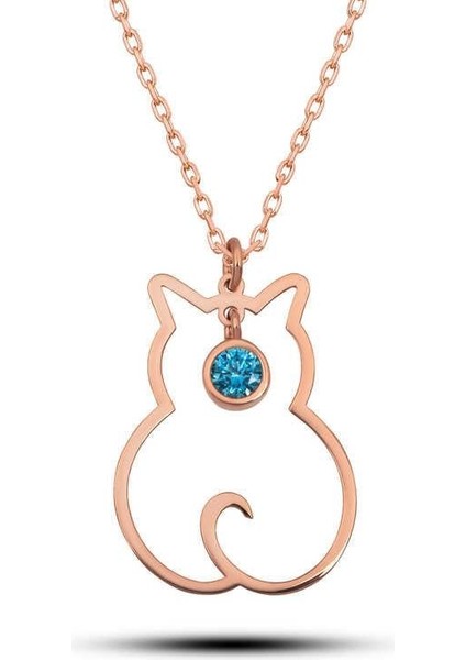 925 Ayar Gümüş Mart Ayı Doğum Taşı Kedi Kadın Kolye