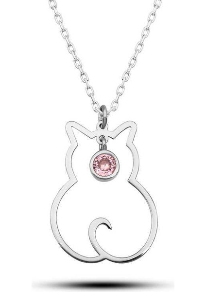 925 Ayar Gümüş Ekim Ayı Doğum Taşı Kedi Kadın Kolye