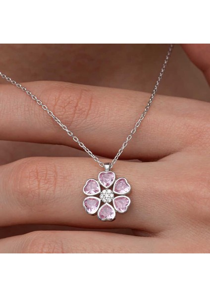 Gümüş Pembe Kalpli Çiçek Kadın Kolye fiyatları