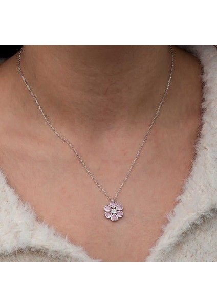 Gümüş Pembe Kalpli Çiçek Kadın Kolye indirimleri