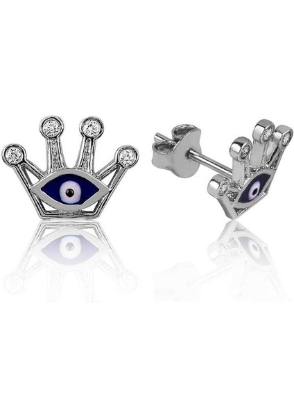 925 Ayar Gümüş Nazarlı Kraliçe Tacı Çivili Küpe