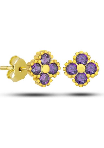 Gümüş Gold Yonca Çivili Mor Taşlı Çocuk Küpe fiyatları