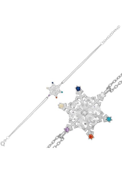 925 Ayar Gümüş Renkli Taşlı Kar Tanesi Kadın Bileklik