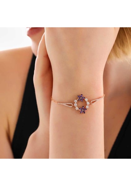 925 Ayar Gümüş Rose Mor Çiçek Kadın Bileklik