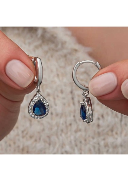Gümüş Lacivert Zirkon Taşlı Damla Küpe