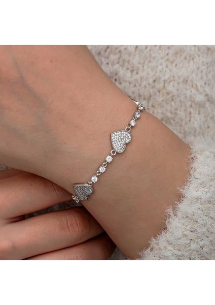 Gümüş Zirkon Taşlı Sıralı Kalp Kadın Bileklik fiyatları